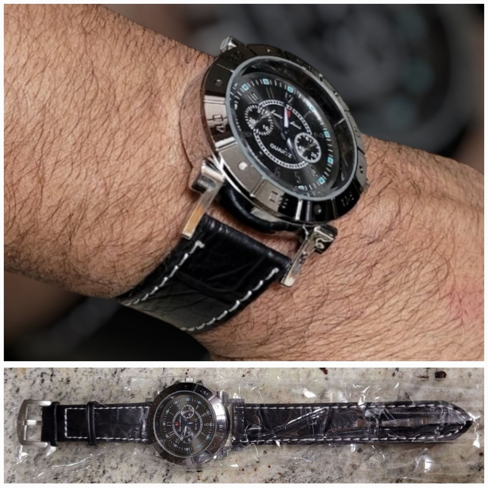 Luis Cardini | Leather Band Quartz Watch Black & Silver